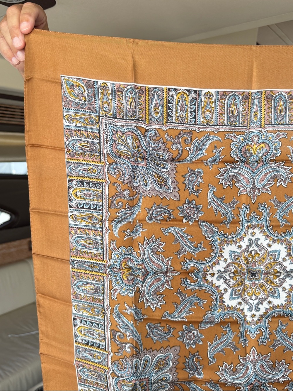 Liberty of London Tan and Blue Paisley Silk Scarf - Picture 5 of 6